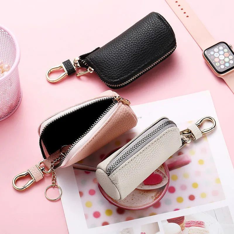 Men's home zipper car key ring in black, pink, or grey waterproof PU leather