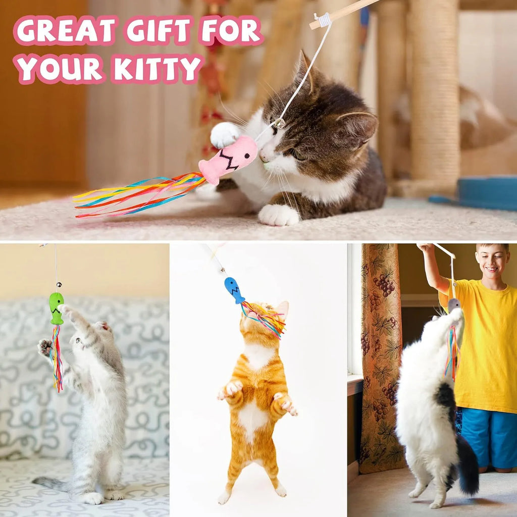 Blue cat wand toy with colourful ribbons, a catnip fish, and a bell on a wooden handle.