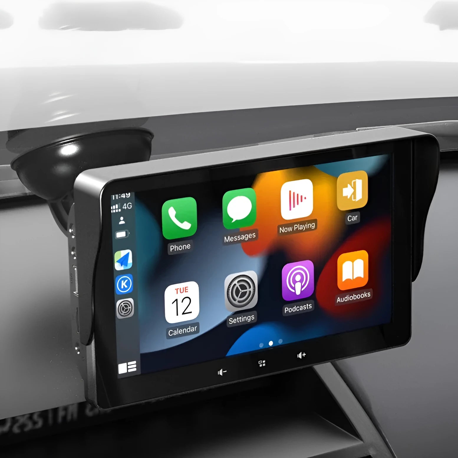 7 inch wireless CarPlay car display with suction cup mount and cigarette lighter connector