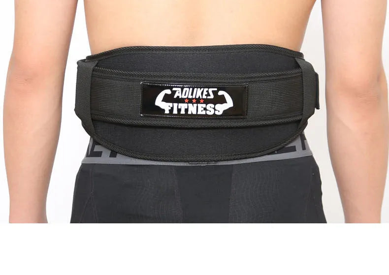 A black adjustable nylon fitness weightlifting waistband or support belt shown on a neutral background.