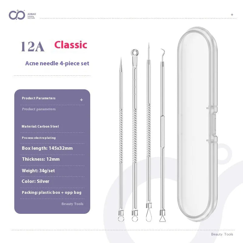 Four silver metal acne needles with ultra-fine pointed tips for skincare extraction.