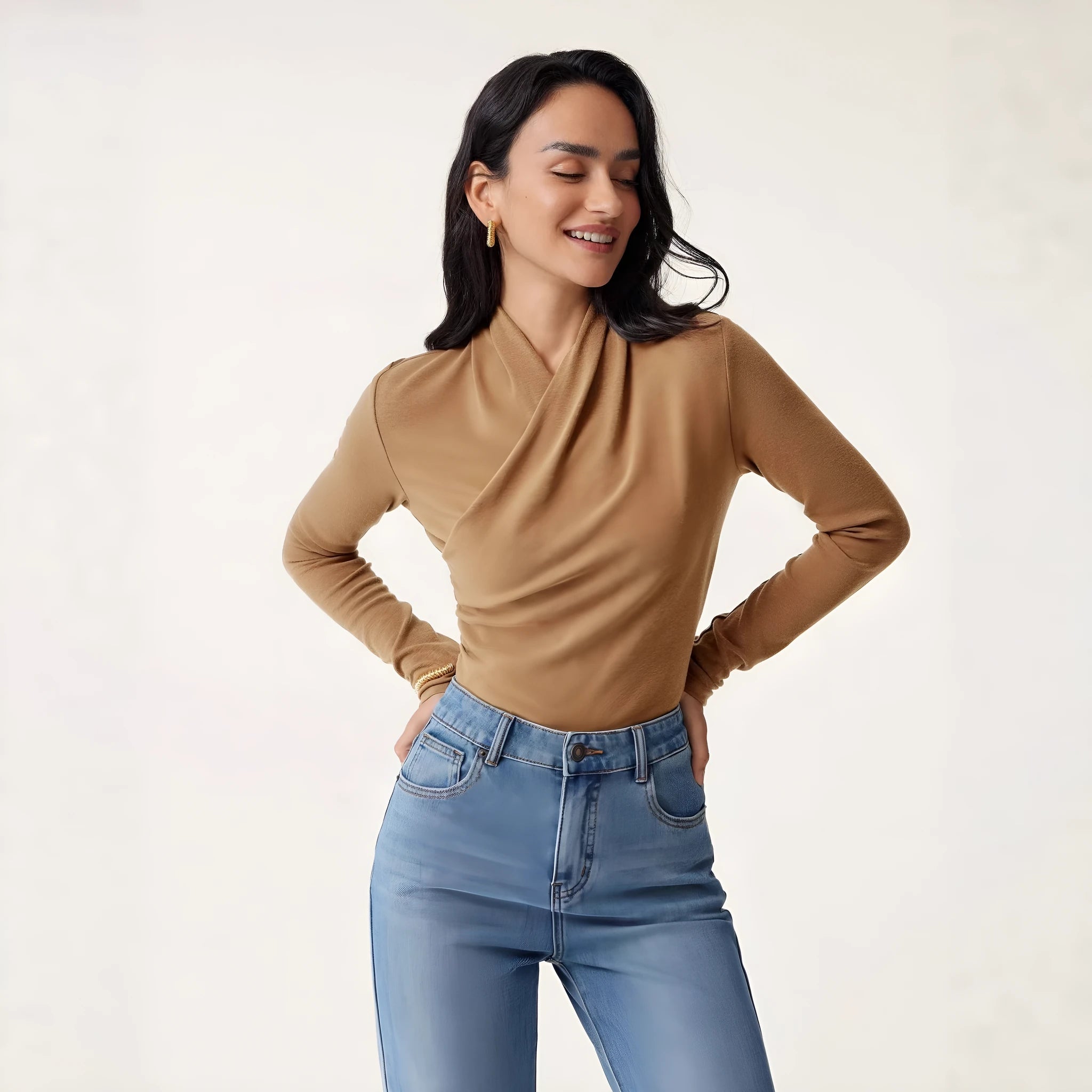 Camel colour women's slim fit polyester pullover sweater with long sleeves