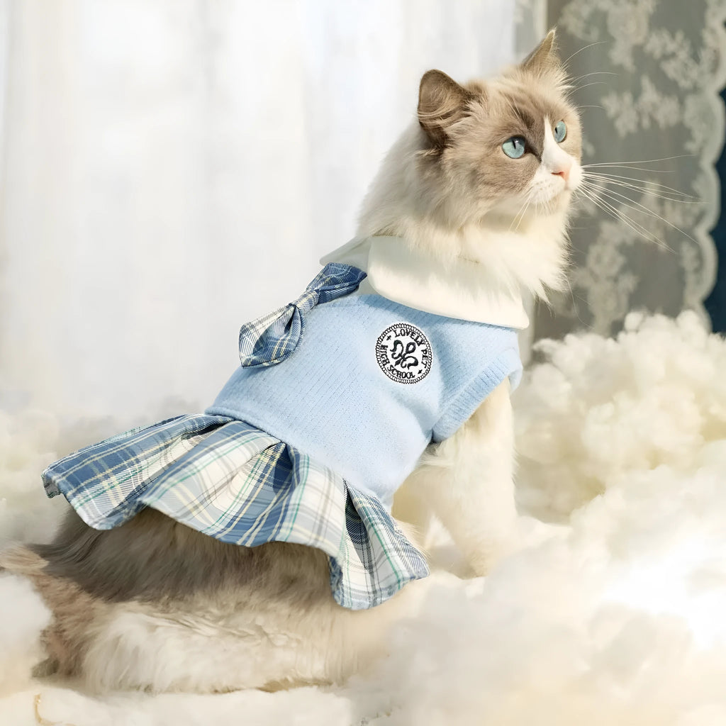 Tartan polyester skirt for pets on a mannequin showing elastic waistband and princess silhouette