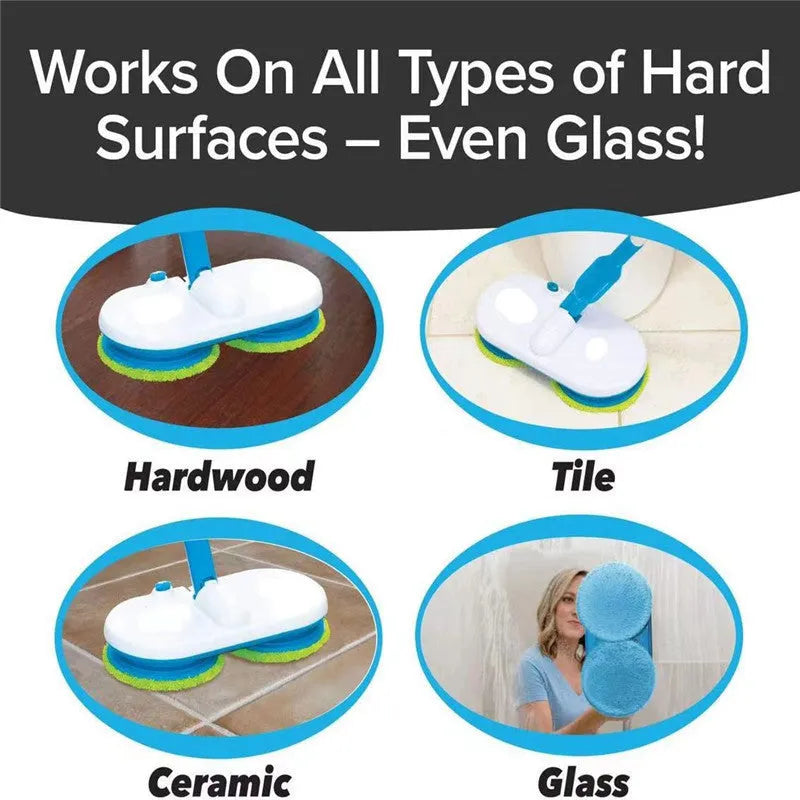 Wireless electric floor mop with USB charging port and multiple cleaning pads including microfiber, scrubbing, and polishing types