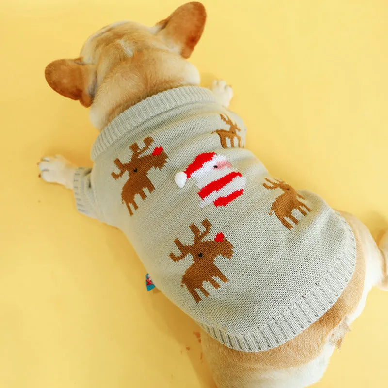 Grey acrylic pet Christmas sweater with elk pattern French style on a dog
