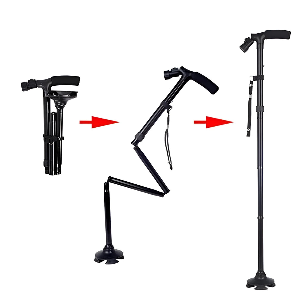 Black LED folding cane with six-LED flashlight, adjustable height aluminium walking stick for elderly
