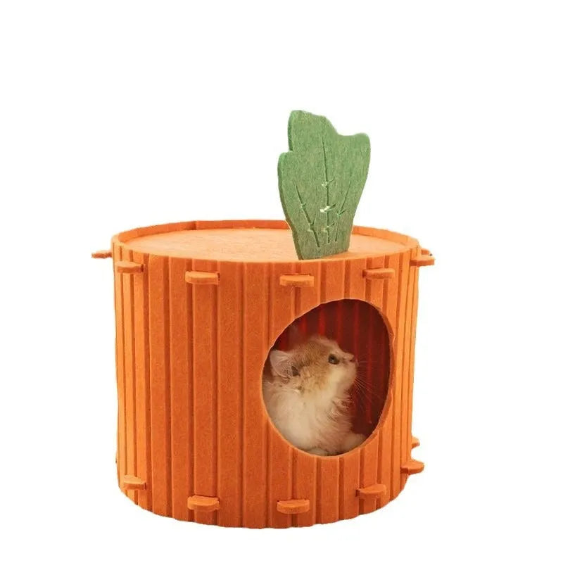 Handmade felt cat nest tunnel with semi-enclosed design and drilled openings, shown in M and L sizes