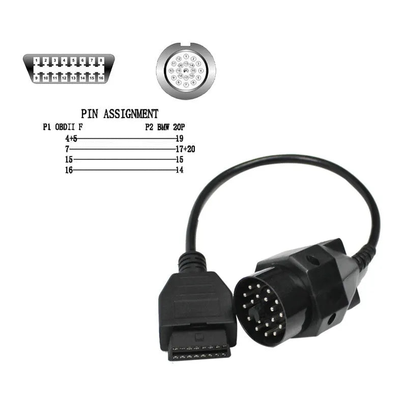 BMW diagnostic adapter cable with 20-pin and 16-pin OBD2 connectors for vehicle scanner compatibility