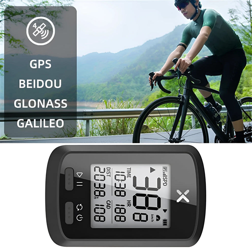 Black waterproof plastic bicycle stopwatch mounted on handlebars for cycling timing
