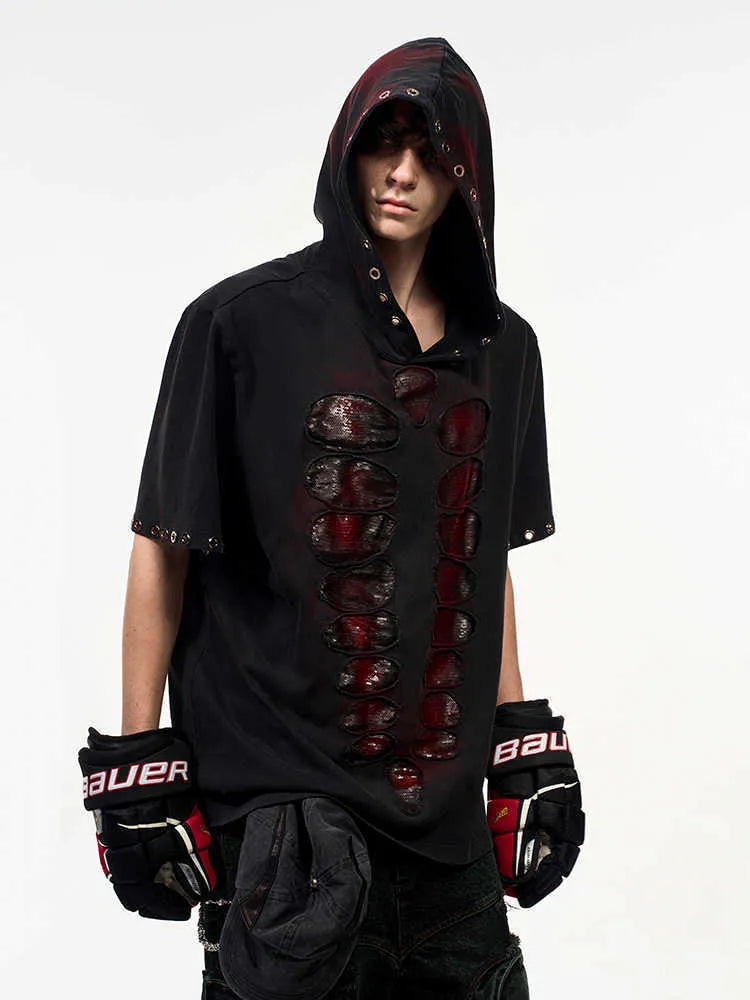 Black men's hooded short-sleeved t-shirt with sequin detailing and loose-fit design