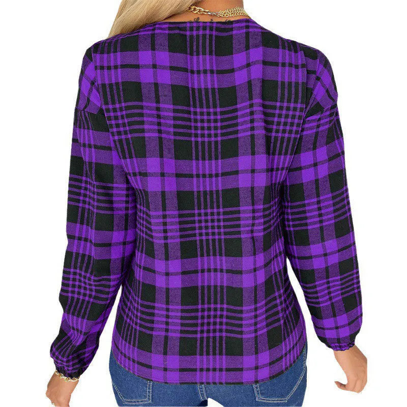 Women's purple plaid casual shirt with regular sleeves and loose fit design