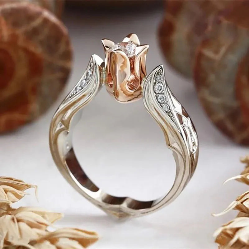 Women's flower separation simulation diamond ring in copper with gold plating, zircon stone, and rose colour separation, sizes 5-10