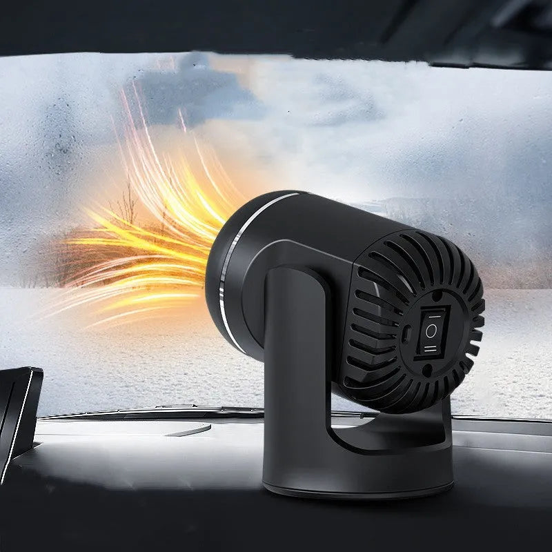 Black and white 12V car heater with defrost function measuring 14x12x8cm