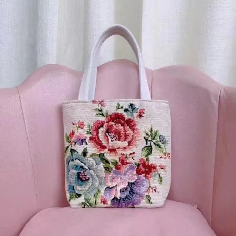 Double-sided gold wire embroidered canvas bag in small, medium, or large size.