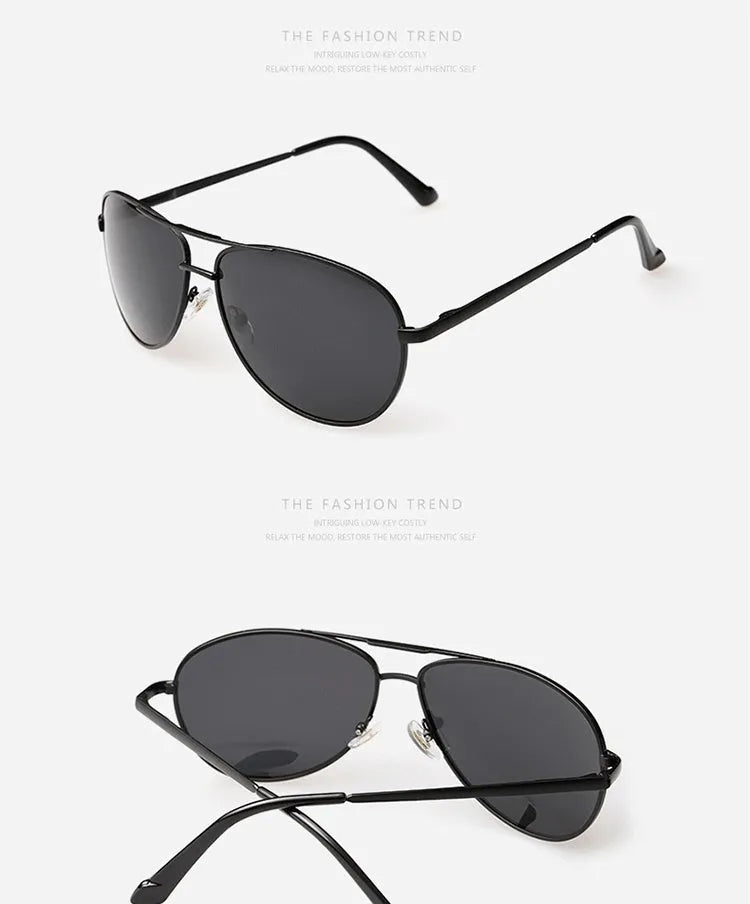 Metal frame polarised sunglasses in gun grey, 60mm lens width, temple length 140mm, for driving and travel