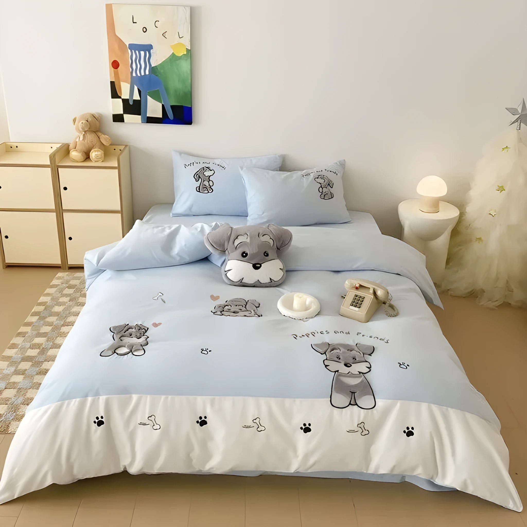 Schnauzer cartoon patterned bedding set with quilt cover, sheet, and pillowcases on bed