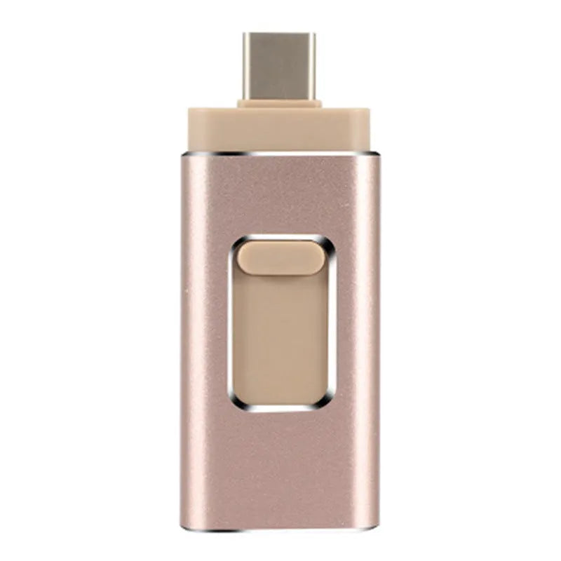 4-in-1 flash drive stick for iPhone Android Type-C USB in black, gold, rose gold, and silver finish
