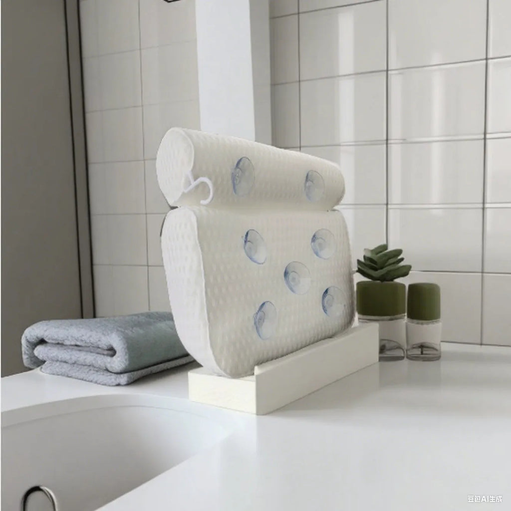 White bathtub pillow with mesh fabric and suction cups on a bath mat.