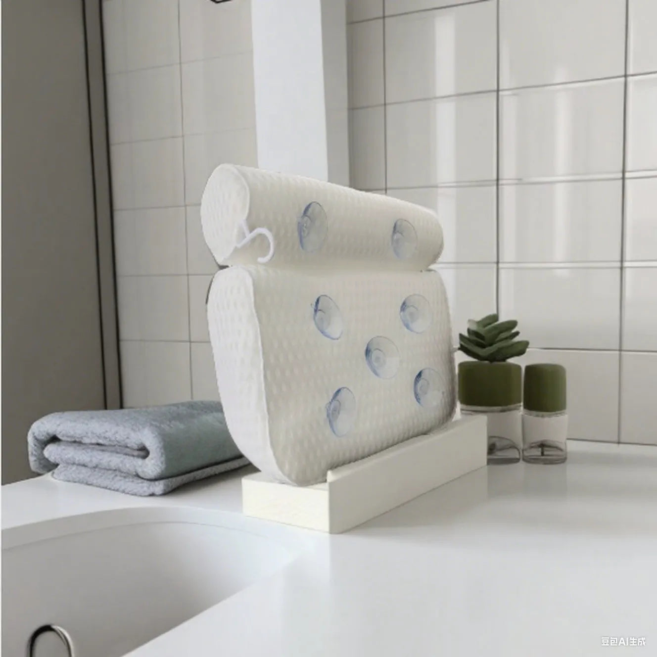 White bathtub pillow with mesh fabric and suction cups on a bath mat.