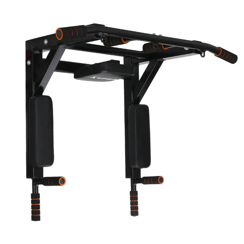 Black steel wall-mounted fitness unit with a sandbag rack and single parallel bars for pull-ups.