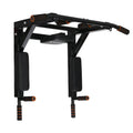 Black steel wall-mounted fitness unit with a sandbag rack and single parallel bars for pull-ups.