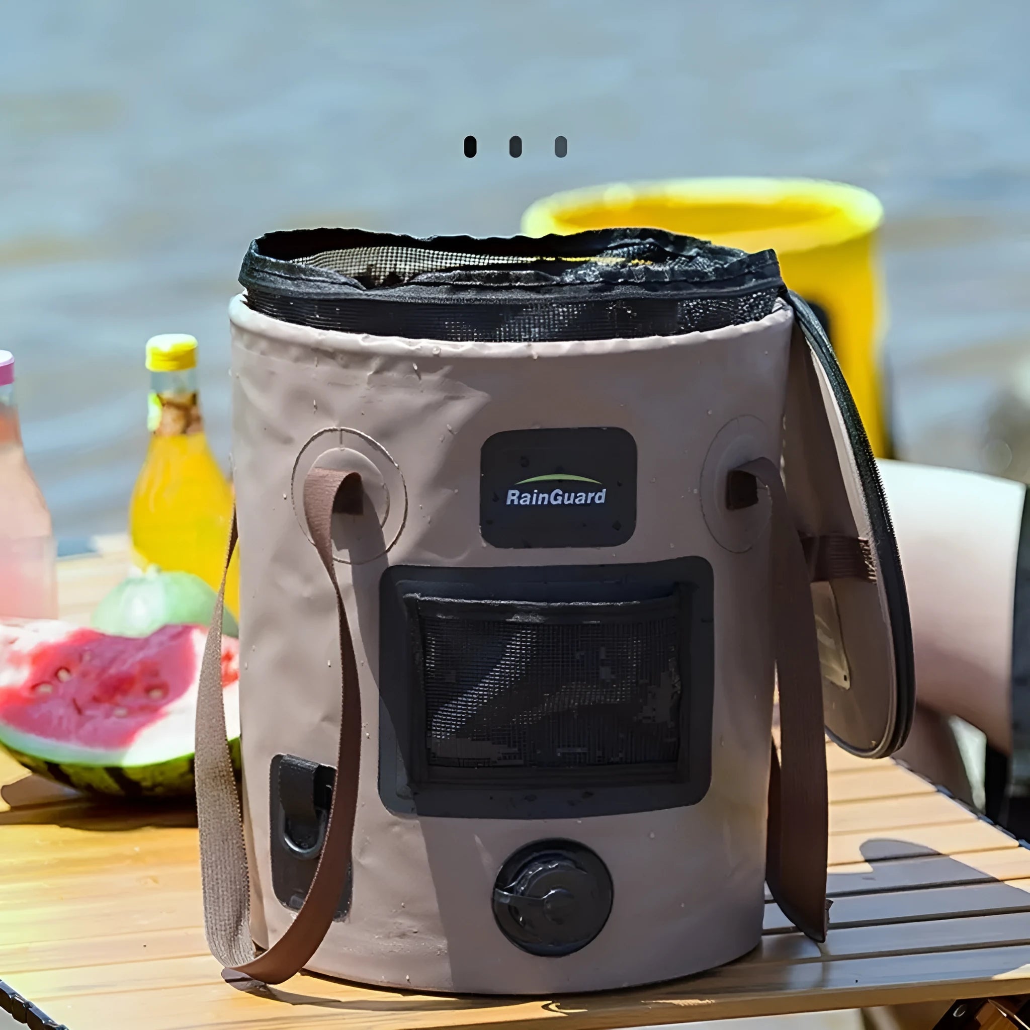 Collapsible orange fishing bucket showing folded and expanded states with mesh pocket option