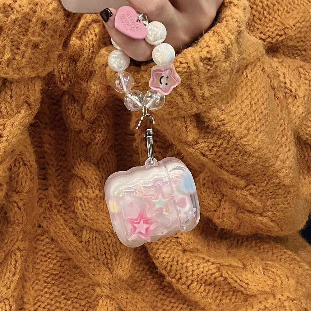 Pink transparent silicone AirPods case with gradual change star pattern and star hand rope