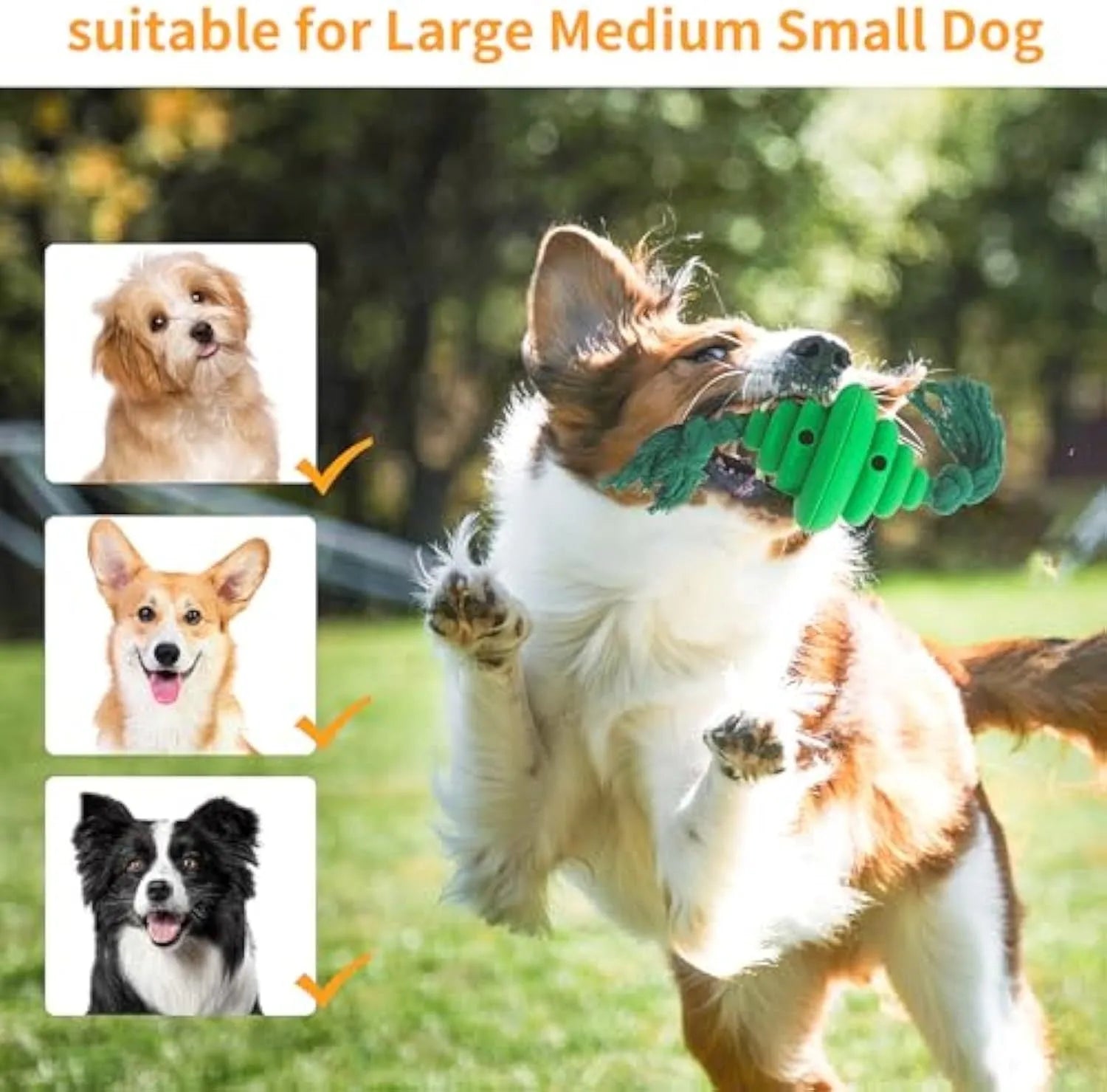 Green and yellow dog ball with rope toy showing split oval spiral design and integrated rope handle