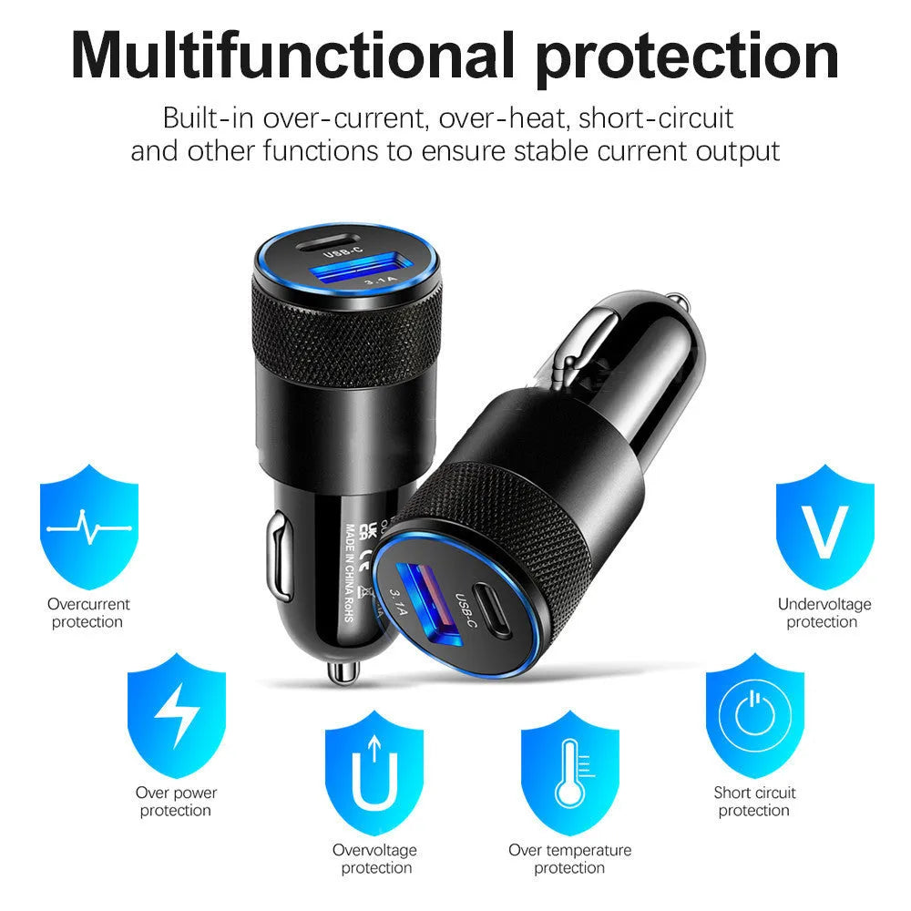 Aluminium alloy mobile phone car charger with ABS housing in black or black silver finish