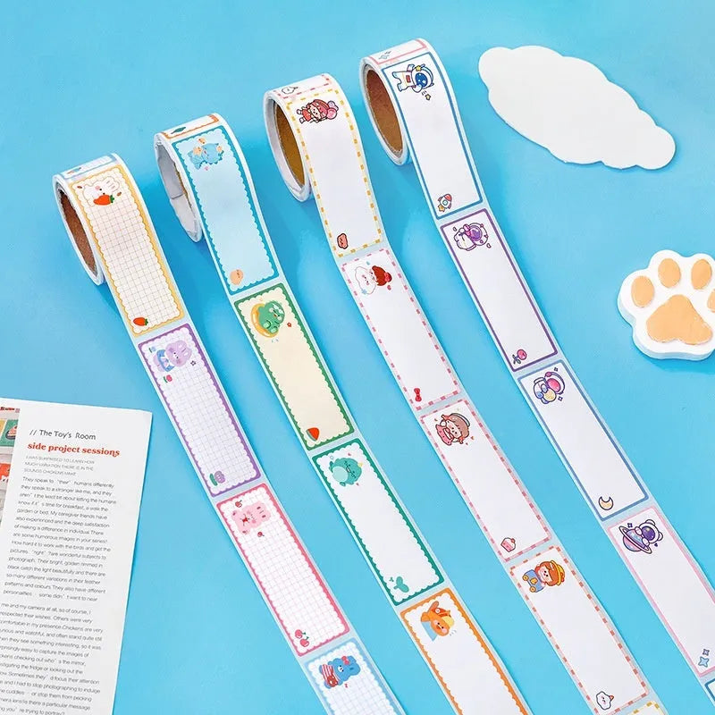 Roll of cartoon name stickers with astronaut, dinosaur, rabbit, and girl designs for student labelling