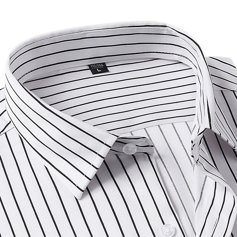 Men's slim fit striped business shirt in ice silk polyester blend fabric on hanger