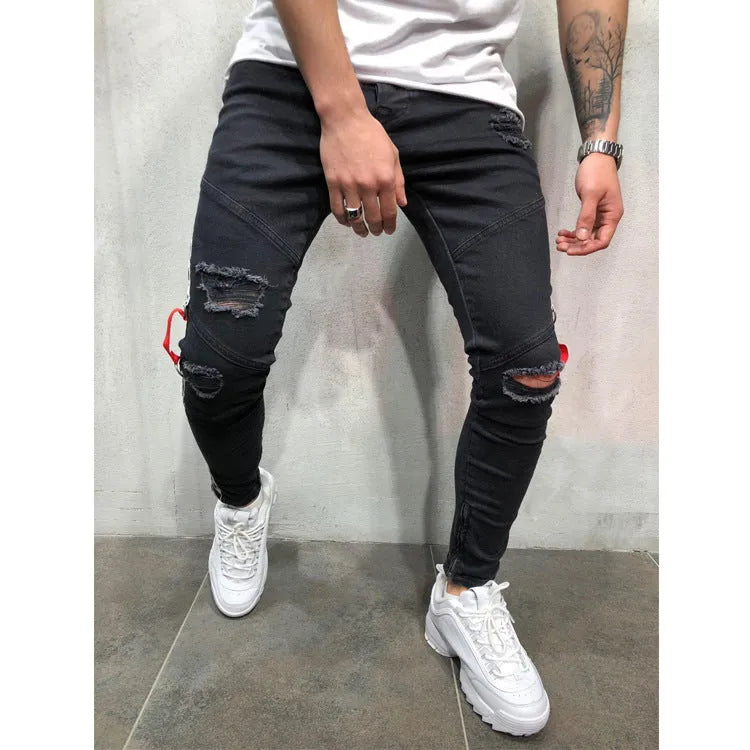 Men's retro low-waist pencil jeans in blue, flat front, cotton polyester blend with zip fly