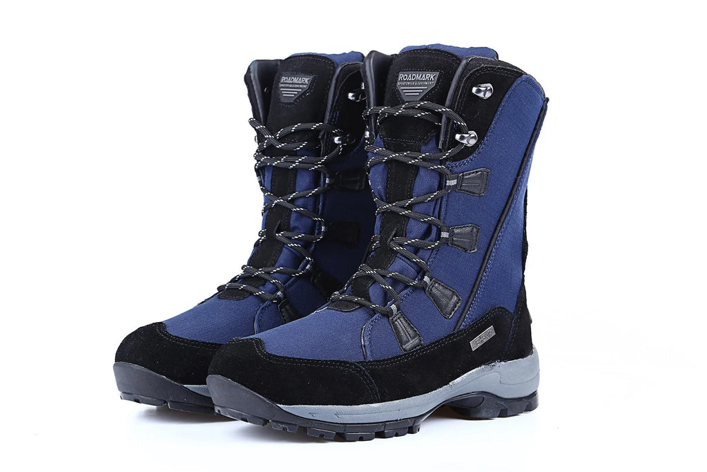 Women's black genuine leather mid-calf snow boots with a round toe and rubber sole on a white background.