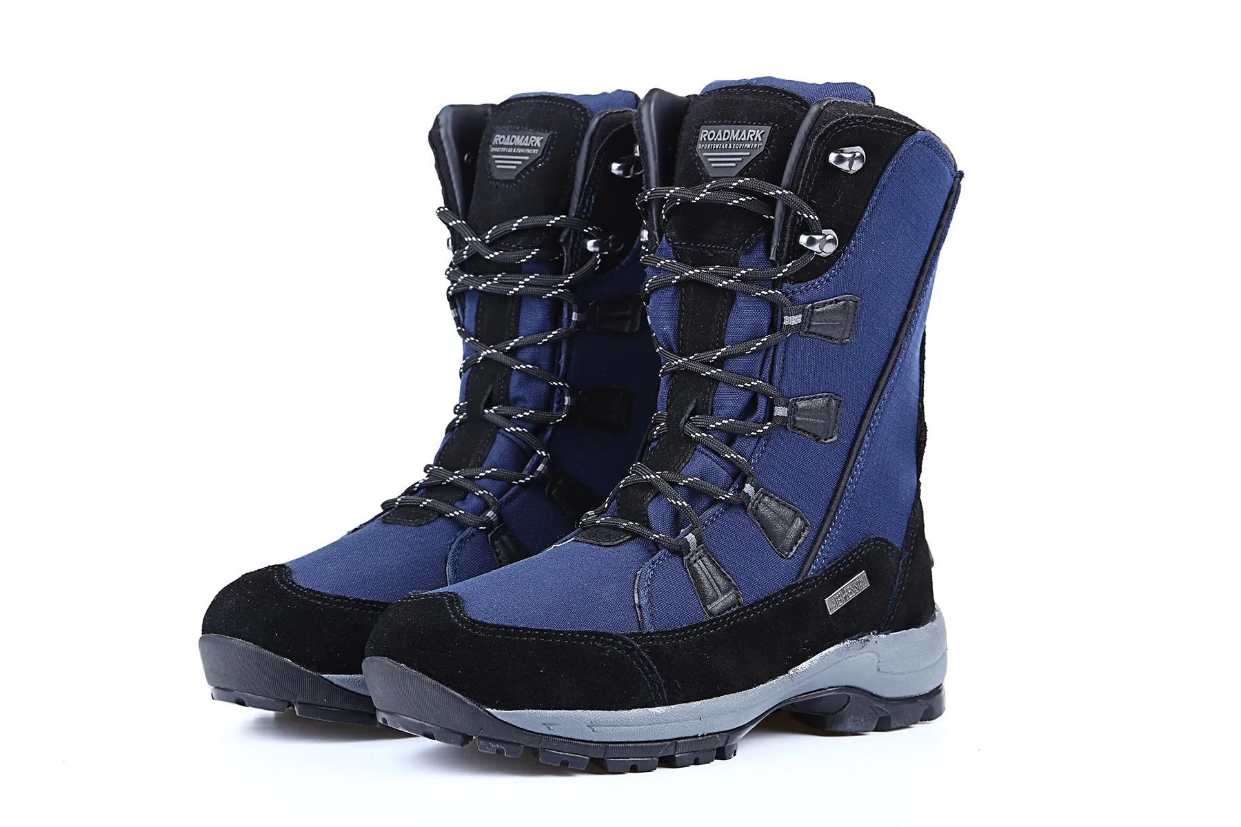 Women's black genuine leather mid-calf snow boots with a round toe and rubber sole on a white background.