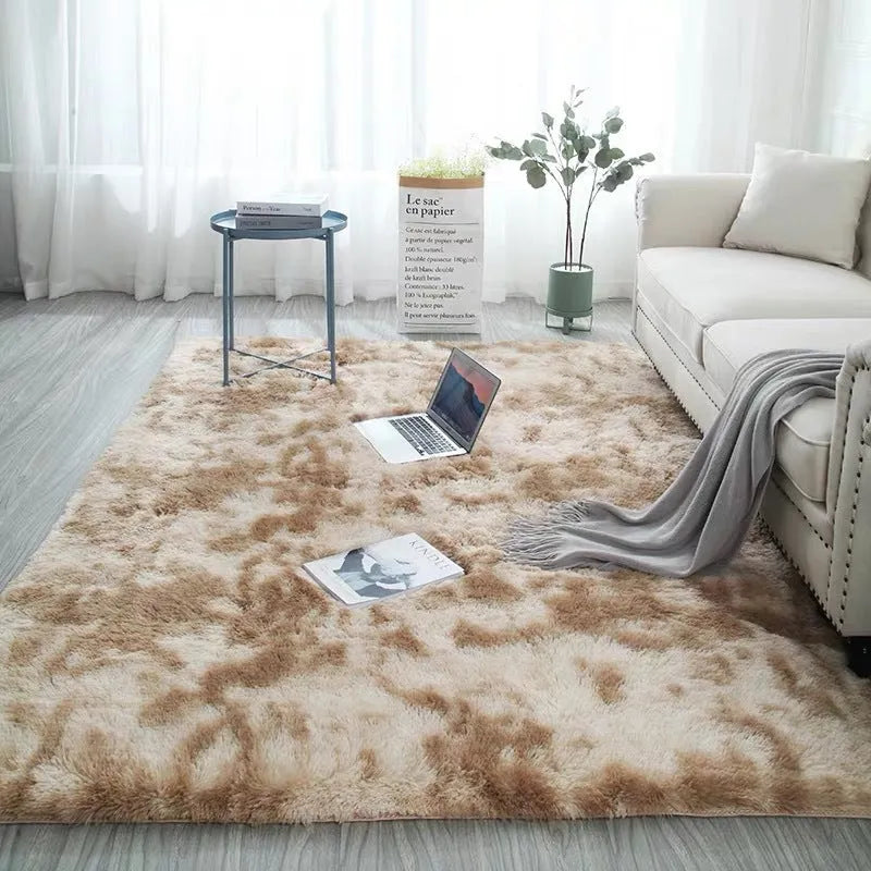 Long hair tie-dyed gradient polyester carpet in a living room setting showing soft texture and colour transition