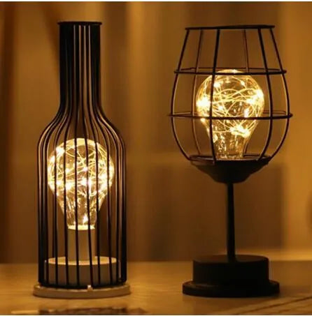 Decorative wrought iron table lamp in wine bottle shape with warm white LED lighting