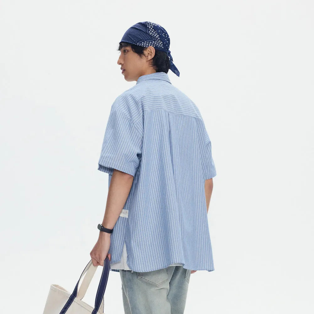 Blue striped short-sleeved overalls shirt for men and women in casual cardigan style
