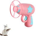 Blue or pink plastic cat toy gun launcher with spinning Frisbee for indoor cat play.
