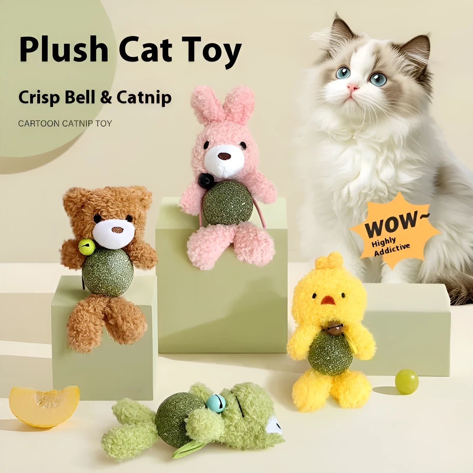 Plush cat toy shaped like a brown bear with a mint ball and bell, for cats to chew and play with.