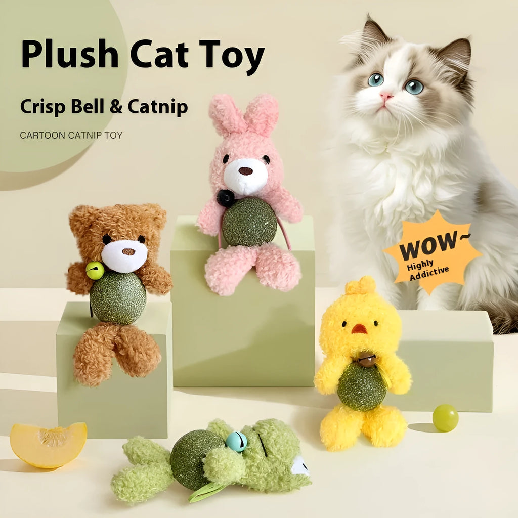 Plush cat toy shaped with catnip ball and bell inside, shown in one of four animal colour designs