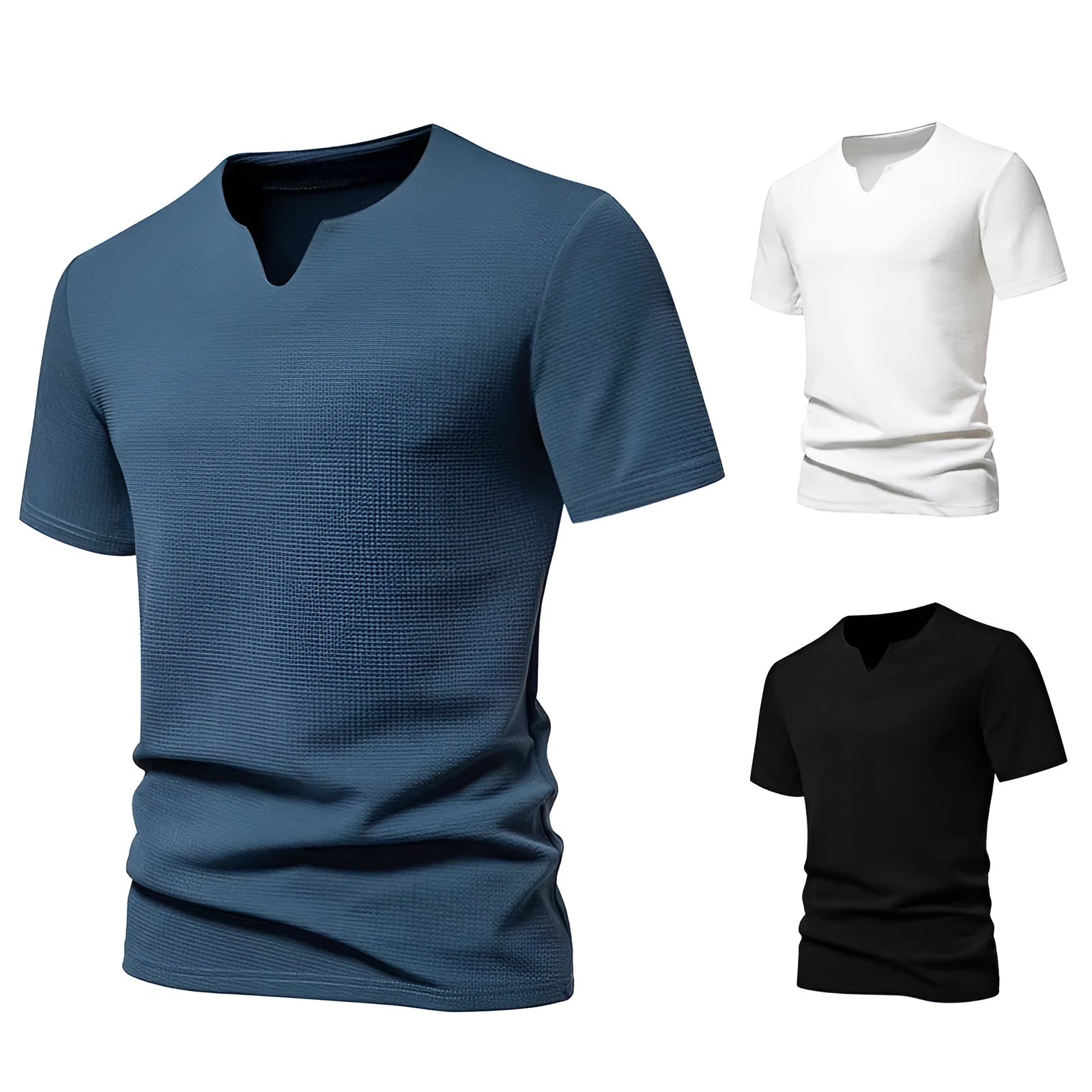 Men's bubble cloth V-neck short sleeve T-shirt in solid colour, loose fit, cotton blend