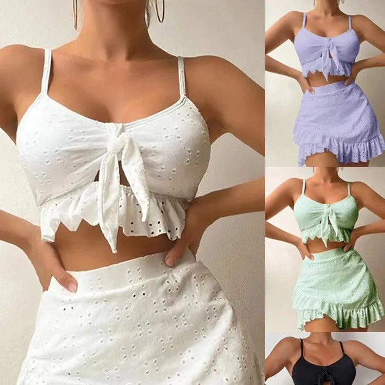 Women's split hip skirt three-piece bikini swimsuit in polyester fabric