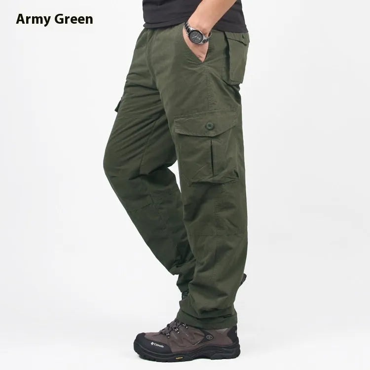 Men's wool-lined cotton velvet overalls in khaki colour with straight leg loose fit