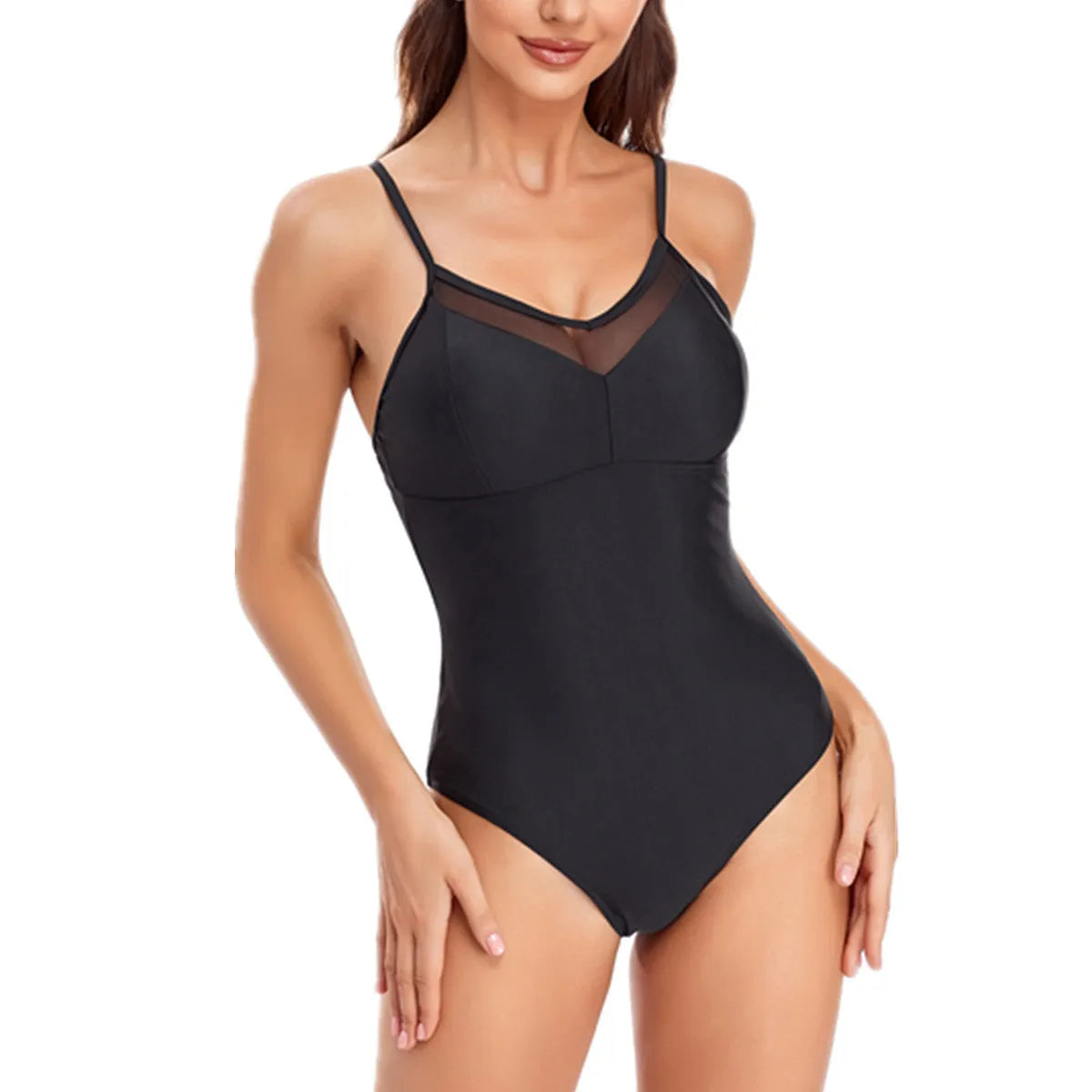 Ladies black mesh one-piece swimsuit with backless design on mannequin