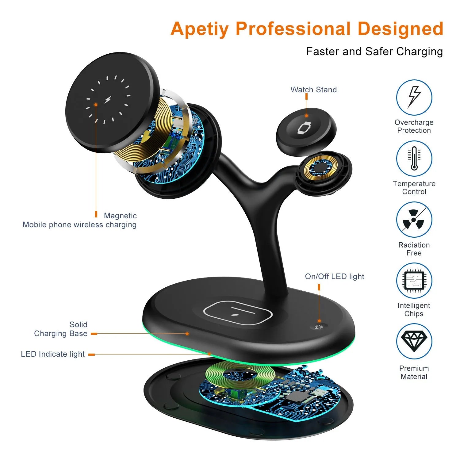 Black minimalist three-in-one magnetic wireless fast charging pad on a wooden desk.
