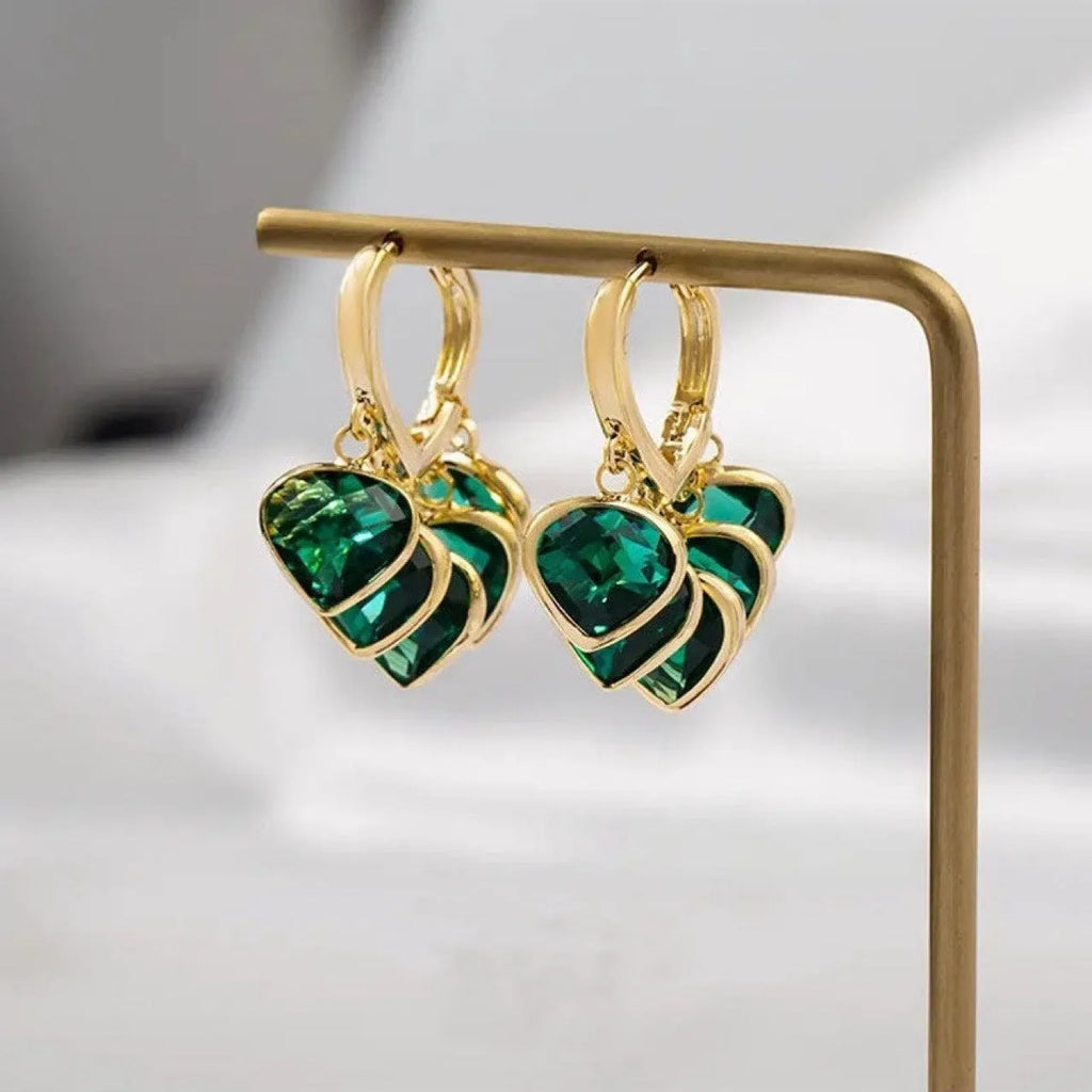 Korean style green heart pendant glass ear clip earrings with alloy inlay artificial gemstone