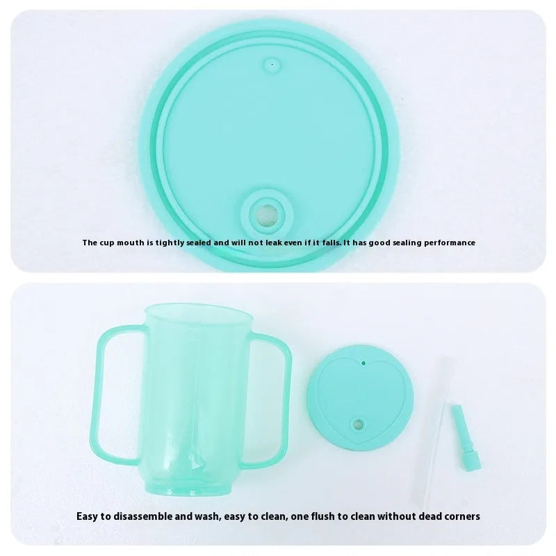 Oblique mouth choke proof cup with optional wrist splint for elderly bed drinking safety