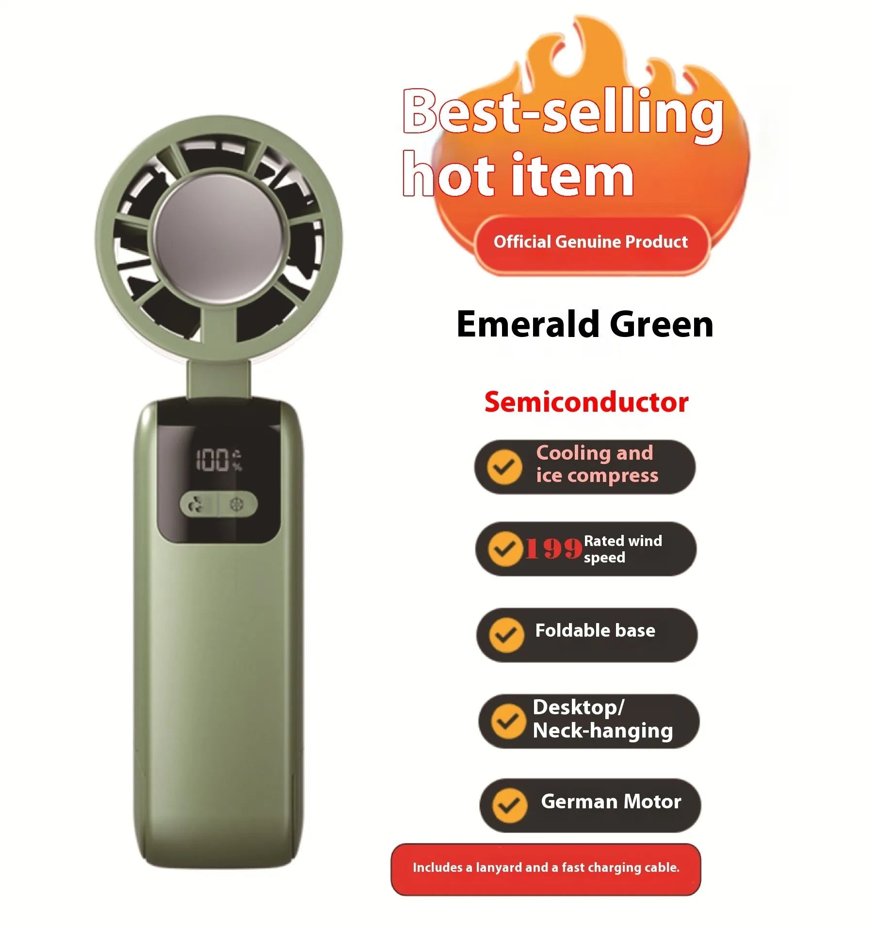 Y31 semiconductor folding digital display handheld refrigeration fan in rock gray with 199 speed settings
