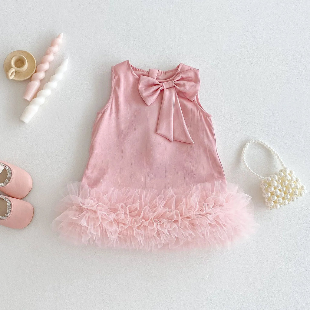 Children's Korean-style solid colour dress with bow in cream rice, polyester fibre, for height 100 cm