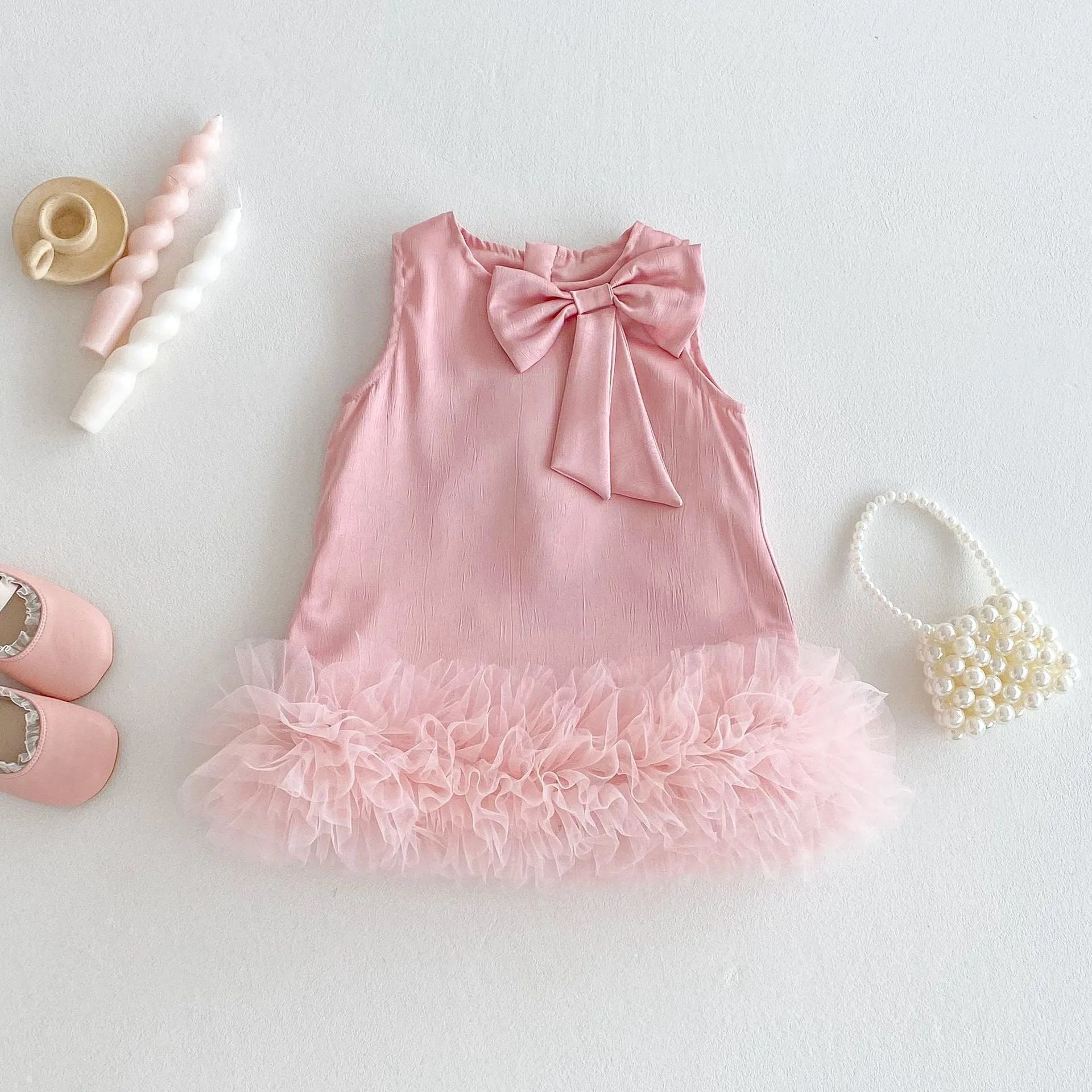 Children's Korean-style solid colour dress with bow in cream rice, polyester fibre, for height 100 cm